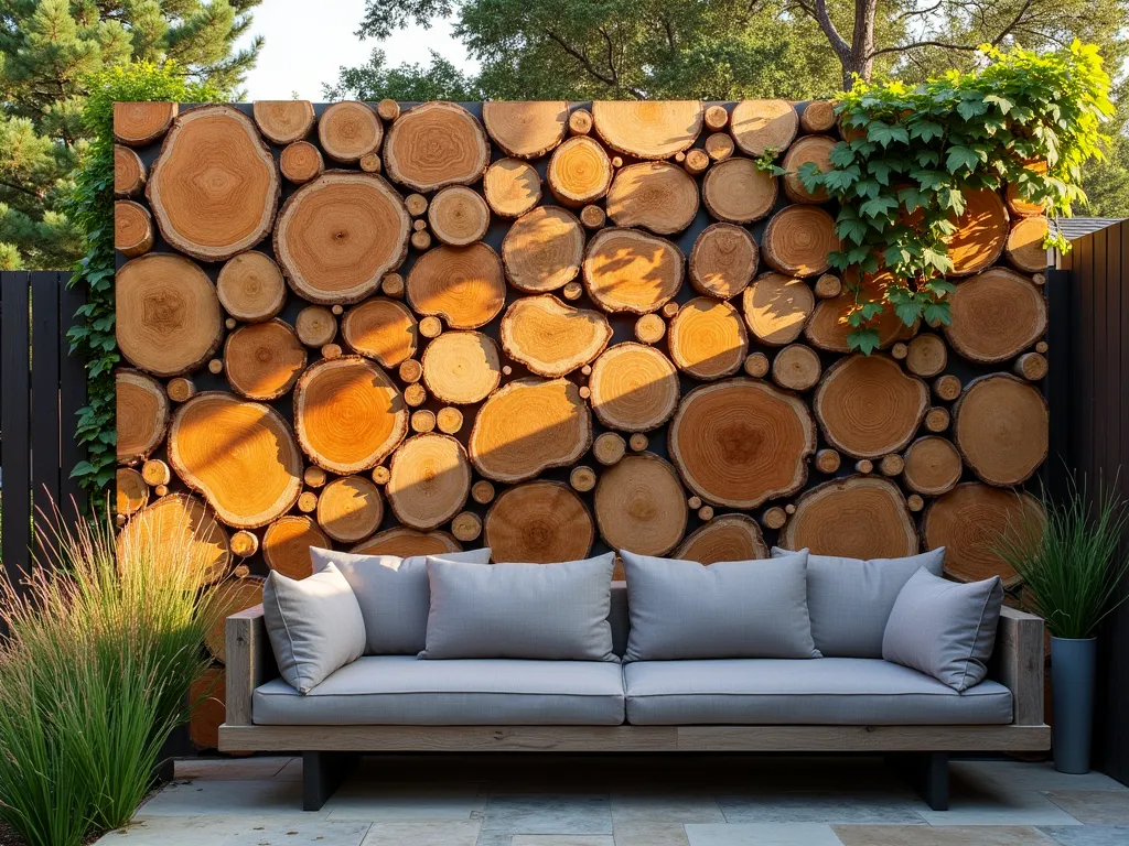 Natural Edge Wood Slice Garden Wall - A stunning garden wall composed of cross-cut wood slices with natural, raw edges arranged in an artistic pattern, photographed during golden hour. The wall features varying sizes of oak and cedar rounds, creating a mesmerizing organic mosaic with rich wood tones from honey to deep brown. Soft evening light casts gentle shadows between the wood pieces, highlighting their natural texture and bark edges. A modern outdoor seating area with grey cushions sits beneath the wall, while climbing jasmine weaves between some wood pieces. Shot with a wide-angle lens to capture the full dramatic effect of the feature wall, with the foreground showing portions of a natural stone patio and decorative grasses swaying in the breeze. Professional studio lighting enhances the natural wood grains and creates depth in the composition.