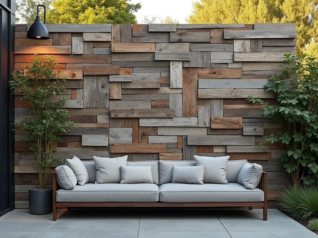 Artistic Reclaimed Wood Garden Wall Mosaic - A stunning garden wall featuring a mosaic pattern made from reclaimed wood pieces, photographed during golden hour. The wall showcases a mesmerizing patchwork of weathered barn wood, driftwood, and salvaged timber in varying shades of gray, brown, and honey tones. The geometric arrangement creates an artistic focal point, with some pieces having a silvery patina while others maintain rich wood grains. Small climbing plants weave between the wood pieces, adding organic elements. A modern outdoor sofa with neutral cushions sits in front, while subtle landscape lighting highlights the textural details of the wood mosaic. The perspective is a medium-wide shot that captures both the intricate details of the mosaic and its impact as a garden feature.