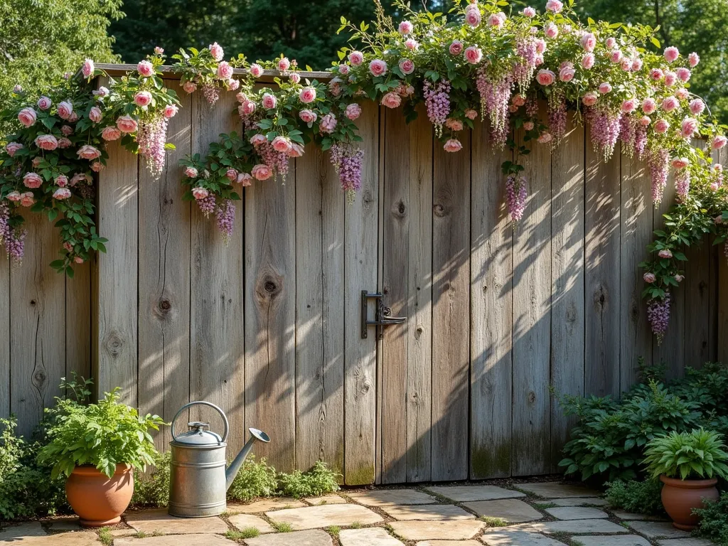 Weathered Wood Garden Wall with Climbing Roses - A rustic garden wall featuring reclaimed weathered wooden boards in varied gray and brown tones, arranged in an organic, random pattern. The boards show natural aging with beautiful patina and texture. Climbing roses with soft pink blooms and trailing wisteria weave through the wooden cladding, creating a romantic cottage garden atmosphere. Vintage metal watering cans and terracotta pots rest at the base. Captured in warm late afternoon sunlight, creating long shadows and highlighting the wood's natural texture. Wide-angle shot showing the full height of the wall in a backyard setting with a stone pathway leading to it.