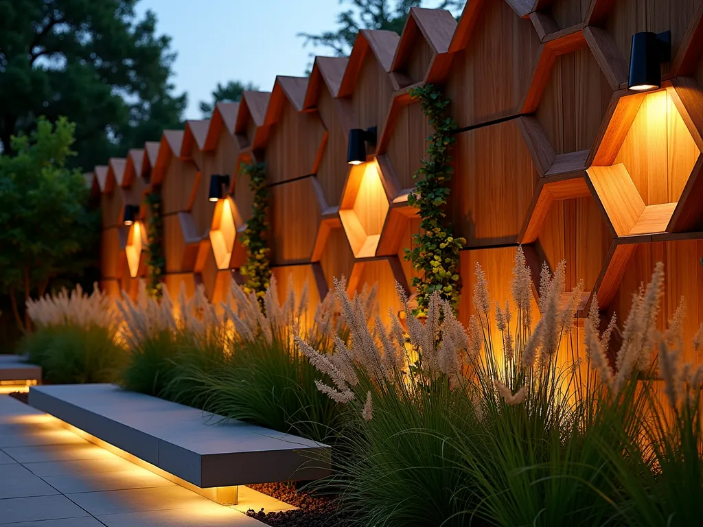 Modern 3D Wood Panel Garden Wall - A stunning close-up shot of a modern garden wall featuring geometric 3D wooden panels at dusk. The warm outdoor lighting casts dramatic shadows across the sculptural wooden elements, creating a mesmerizing play of light and shadow. The panels are arranged in a contemporary hexagonal pattern, made from rich teak wood, rising 8 feet high. Modern architectural sconces illuminate the textured surface from below. In the foreground, tall ornamental grasses and Japanese Forest Grass sway gently, their silhouettes dancing against the illuminated wall. A sleek concrete bench runs along the base, while climbing jasmine begins to weave through selected panels, adding organic softness to the geometric design. Captured with atmospheric depth of field and golden hour lighting.