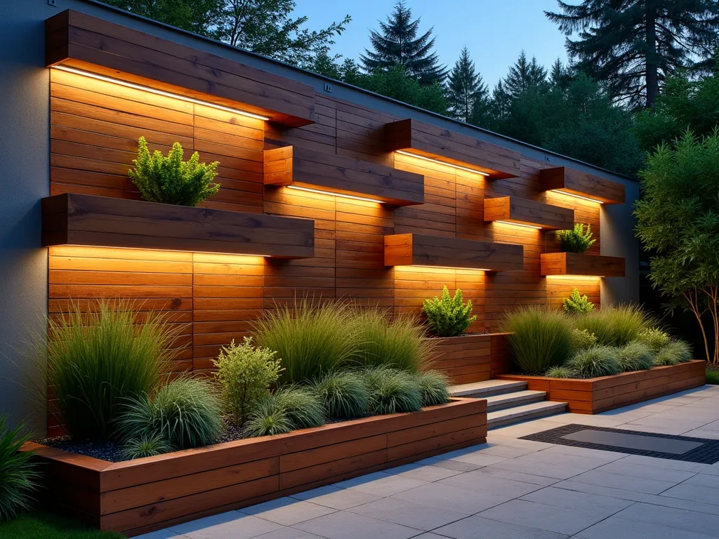 Modern Tiered Wood Wall with Integrated Garden - A stunning twilight scene of a contemporary garden wall featuring multiple tiers of horizontal cedar wood cladding floating at different depths from the wall surface. Warm LED strip lighting illuminates the gaps between the wood panels, creating dramatic shadows. Built-in weathered steel planters emerge between the wooden tiers, filled with cascading ornamental grasses and Japanese forest grass. The wall is photographed at a slight angle to emphasize depth and dimensionality, with the wooden elements appearing to float against the concrete backing. Modern architectural succulents and bamboo provide vertical interest against the geometric wood patterns.