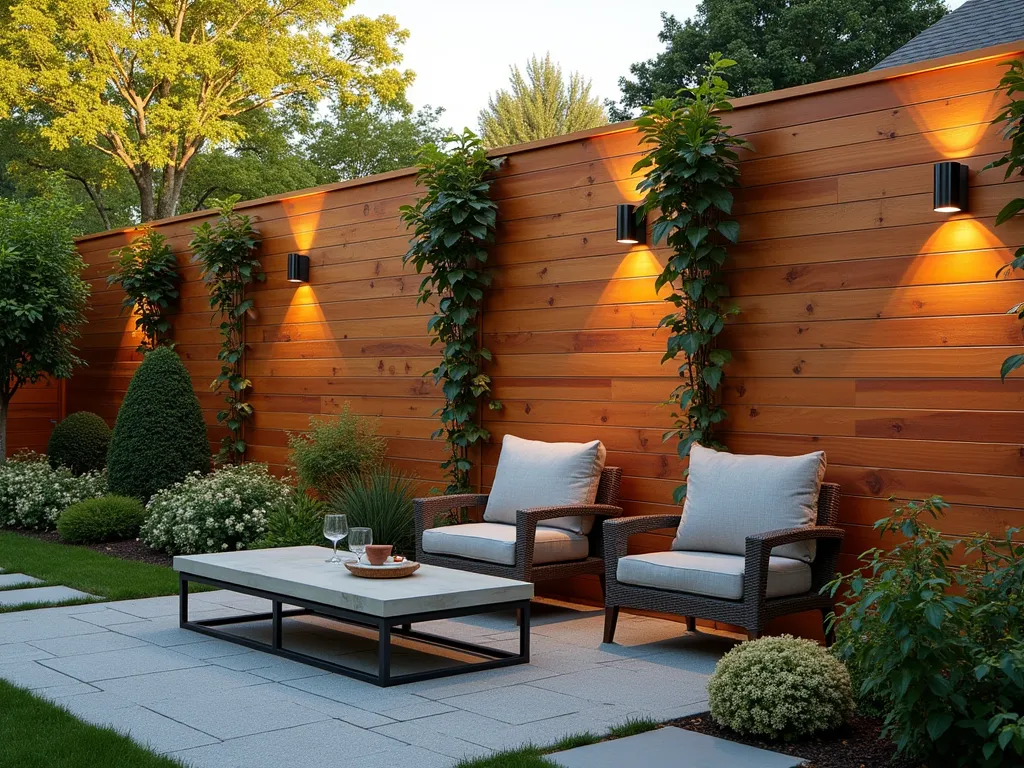 Classic Horizontal Wood Siding Garden Wall - A stunning garden wall featuring traditional horizontal lap wood siding in warm cedar tones, photographed during golden hour. The wall extends along a beautifully landscaped backyard, with climbing roses and Virginia creeper adding organic contrast against the precise horizontal lines. Soft evening light casts subtle shadows between the overlapping boards, highlighting the dimensional quality of the siding. Shot from a medium-wide angle to showcase both the architectural details and the surrounding garden context. Modern outdoor furniture and copper landscape lighting complement the traditional siding style. Captured with a professional digital camera, 24mm focal length, f/2.8, creating a rich depth of field.