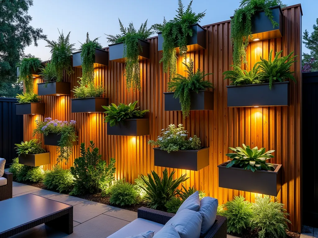 Living Wall Wood Cladding with Integrated Planters - A stunning twilight scene of a modern garden wall featuring vertical cedar wood cladding with integrated geometric planting pockets, photographed at a 45-degree angle. The wall showcases a lush variety of cascading ferns, trailing ivy, and flowering perennials emerging from sleek metal planters seamlessly integrated into the wooden slats. Warm LED uplighting highlights the textural contrast between the honey-toned wood and vibrant greenery. The living wall spans 12 feet high, with a natural gradient of plants creating a tapestry effect against the rich wood backdrop. Small succulents and herbs occupy the lower pockets, while dramatic hanging plants spill from the upper sections. A modern patio seating area is partially visible in the foreground, suggesting scale and lifestyle context.