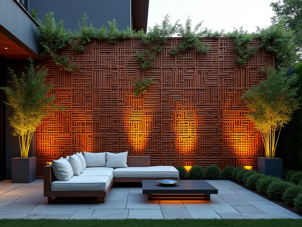 Woven Wood Garden Wall at Dusk - A stunning modern garden wall featuring intricately woven teak wood panels in a basket-weave pattern, photographed at dusk with warm ambient lighting. The wall stands 8 feet tall, creating dramatic shadows from strategically placed uplighting. A modern patio space sits in the foreground with sleek outdoor furniture, while climbing jasmine vines weave through select portions of the wooden lattice. The textural wooden panels create a mesmerizing geometric pattern that adds depth and visual interest to the space. Shot with a wide-angle lens at golden hour, capturing the interplay of light and shadow across the textile-like wooden surface. Professional architectural lighting highlights the dimensional quality of the weave pattern, while potted bamboo plants create elegant silhouettes against the feature wall.