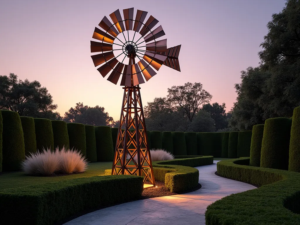 Art Deco Garden Windmill at Dusk - A sophisticated Art Deco windmill standing 8 feet tall in a manicured garden, captured during golden hour. The windmill features gleaming brass and copper geometric patterns, stepped designs, and sunburst motifs characteristic of 1920s architecture. Its elegant blades are styled with zigzag patterns and metallic finishes, rotating gracefully against a dusky purple sky. The surrounding garden showcases structured boxwood hedges and flowing ornamental grasses. A curved stone pathway leads to the windmill, while soft landscape lighting highlights its metallic details. Wide-angle perspective captures the entire scene with the windmill as a dramatic focal point.