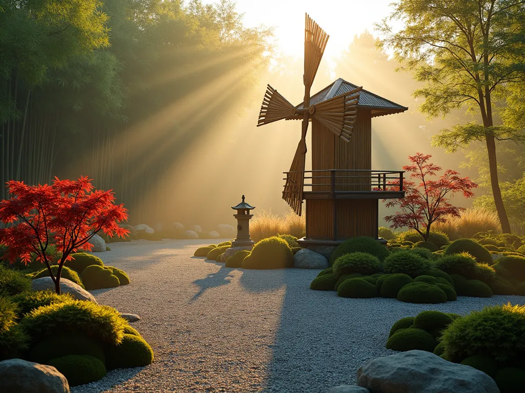 Bamboo Zen Garden Windmill at Dawn - A serene Japanese garden at dawn featuring a handcrafted bamboo windmill as the centerpiece, photographed with a 16-35mm lens at f/2.8, ISO 400. The windmill's natural bamboo blades gently turn in the morning breeze, casting delicate shadows across a meticulously raked gravel garden. Surrounding the windmill are carefully placed moss-covered rocks, dwarf Japanese maples with crimson leaves, and flowing ornamental grasses. A stone lantern sits nearby, while wisps of morning mist float through the scene. The golden morning light filters through bamboo grove in the background, creating an ethereal atmosphere. Shot from a low angle to emphasize the windmill's peaceful presence against the misty backdrop.