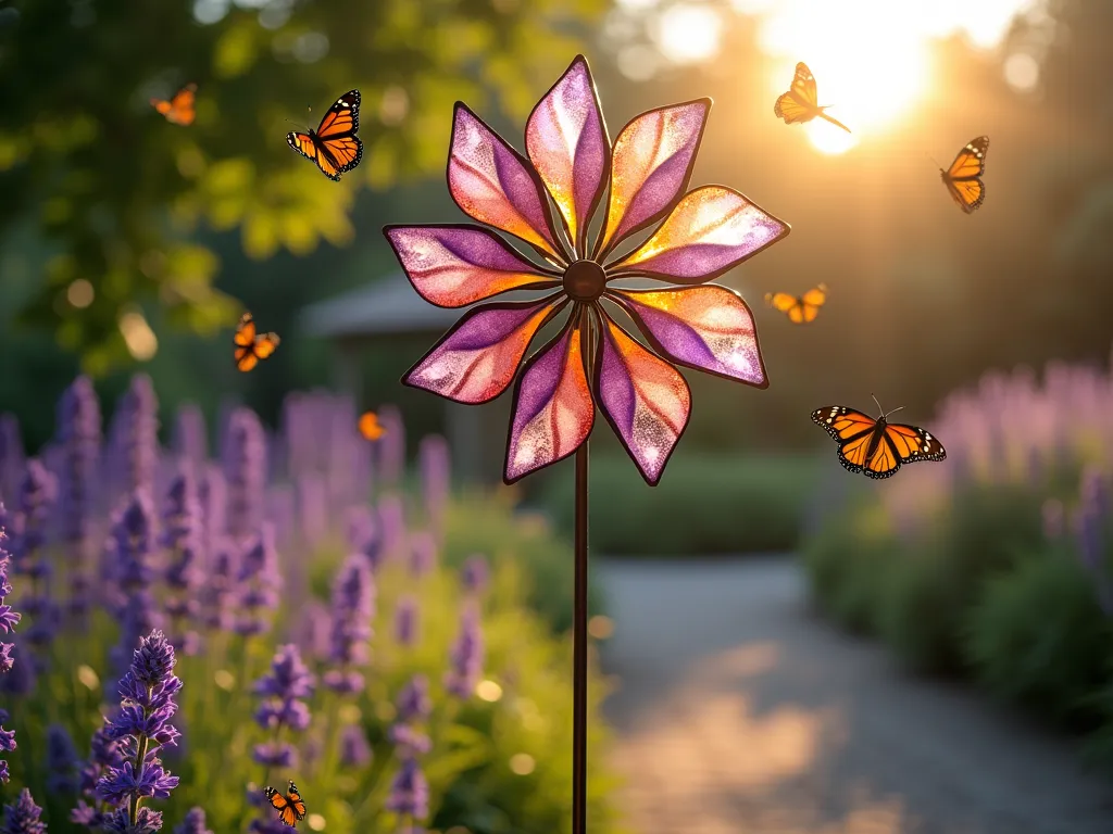 Enchanting Butterfly Wing Garden Windmill - A close-up shot of an elegant garden windmill with translucent purple and orange butterfly-shaped blades spinning gracefully in the golden afternoon light. The windmill stands 6 feet tall in a lush cottage garden setting, surrounded by flowering butterfly bush, purple coneflowers, and lavender. The metallic copper frame reflects the warm sunlight, while the delicate butterfly wing blades cast dancing shadows on the garden path below. Several real monarch butterflies hover near the spinning blades, creating a magical scene. Shot with shallow depth of field highlighting the intricate details of the butterfly wing design against a softly blurred garden background. DSLR, f/8, ISO 100, 1/125