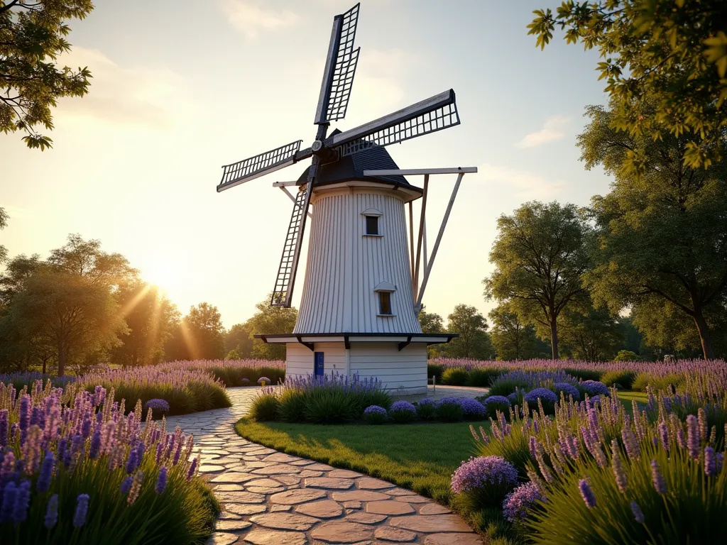 Classic Dutch Garden Windmill at Sunset - A majestic 12-foot wooden Dutch windmill stands proudly in a landscaped garden at golden hour, photographed from a low angle. The windmill features authentic white-painted wooden construction with Delft blue accents, traditional cross-latticed blades gently turning in the evening breeze, and a rotating cap with detailed craftsmanship. Surrounded by a thoughtfully designed garden bed with blooming lavender and ornamental grasses creating movement in the foreground. Natural stone pathway leading to the windmill, with soft sunset lighting casting long shadows and highlighting the intricate details of the structure. Captured with dramatic depth of field showing the entire garden setting while maintaining sharp focus on the windmill's classic European architectural details. 8K, hyperrealistic, architectural photography, cinematic lighting.