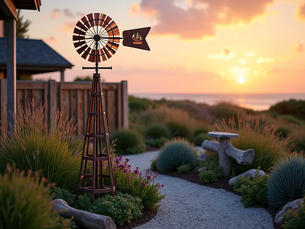 Coastal Weathervane Windmill at Sunset - A stunning dusk photograph of a 6-foot copper weathervane windmill with nautical motifs in a coastal garden setting, shot at f/2.8 with a 16-35mm lens. The windmill features intricate sailing ship cutouts and patinated copper finish, standing majestically against a warm orange sunset sky. Surrounded by swaying ornamental grasses and lavender, with weathered cedar fencing in the background. Soft golden hour lighting catches the spinning blades while coastal roses and maritime-themed garden decor complete the scene. Salt-weathered driftwood and crushed seashell pathways add authentic coastal texture.