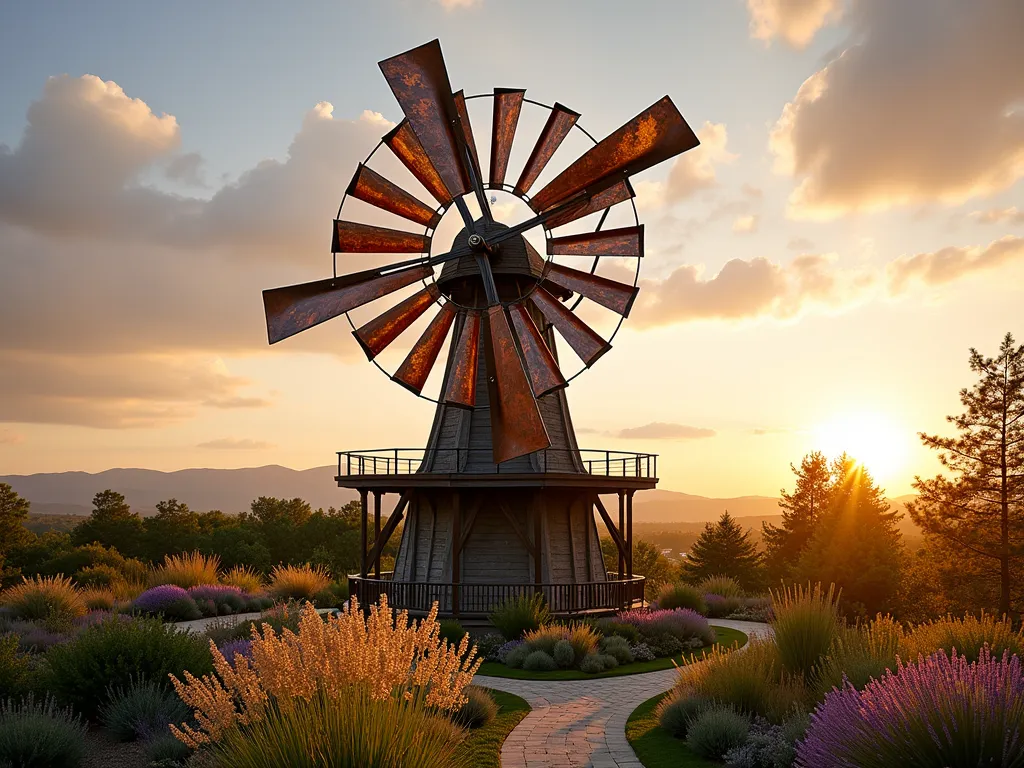 Elegant Double-Decker Garden Windmill at Sunset - A majestic double-decker windmill photographed during golden hour in a sprawling garden landscape. The architectural masterpiece features two sets of weathered copper blades at different heights, spinning gracefully against a warm sunset sky. The lower tier stands 8 feet tall with traditional wooden blades, while the upper tier rises another 6 feet with copper-finished blades, creating an artistic interplay of movement. The windmill is surrounded by ornamental grasses that catch the evening light, with lavender and Russian sage swaying in the breeze below. Shot with a wide-angle perspective at f/2.8, capturing the dramatic scale and the way the setting sun glints off the rotating blades. The background reveals a thoughtfully designed garden with winding pathways and cottage-style planting beds, adding depth and context to this stunning focal point. Photographed with subtle motion blur on the blades to convey movement.