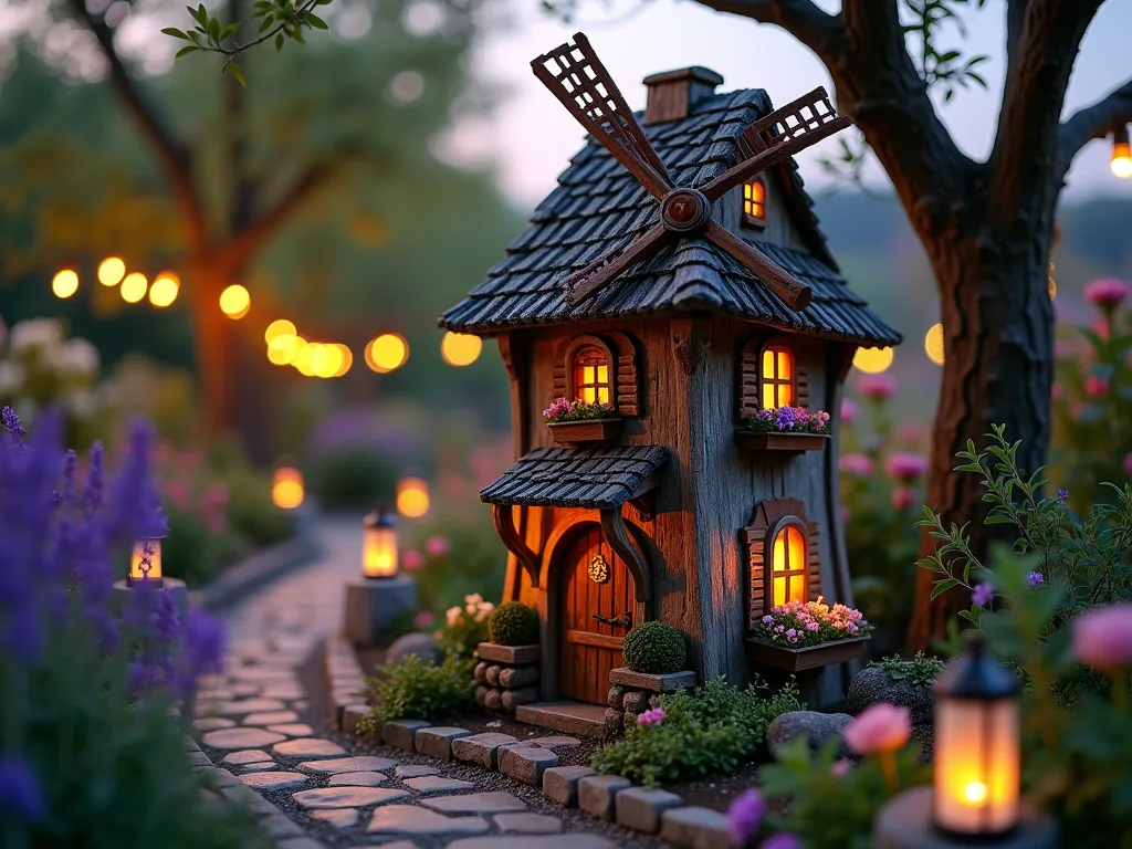 Enchanting Fairy Tale Garden Windmill at Dusk - A whimsical miniature windmill (8 feet tall) with a thatched roof and weathered wood siding nestled in a cottage garden setting, photographed at dusk. The windmill features ornate carvings, tiny windows with warm glowing lights, and delicate flower boxes. Surrounded by a magical garden with blooming lavender, flowering dogwood, and climbing roses. Stone pathway leading to the windmill bordered by glowing solar lanterns. Gentle motion blur on rotating windmill blades captures movement. Soft twilight creates ethereal atmosphere with string lights wrapped around nearby trees. Shot with shallow depth of field highlighting intricate windmill details while maintaining garden context. Professional DSLR capture with perfect exposure balance between fading natural light and ambient garden illumination.