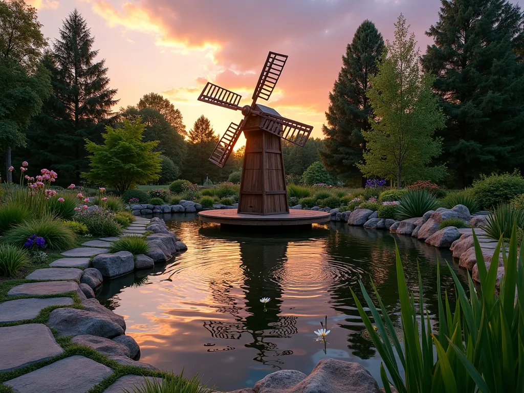 Floating Pond Windmill at Sunset - A serene garden scene captured at golden hour, featuring a charming wooden windmill mounted on a floating platform in the center of a landscaped pond. The windmill's blades gracefully turn in the evening breeze, creating gentle ripples across the water's surface. Surrounding the pond are clusters of ornamental grasses, Japanese iris, and water lilies. Stone pavers create a winding path around the water feature, while strategically placed landscape lighting casts warm reflections on the water. Shot with a wide-angle perspective to capture the entire waterscape composition, with the setting sun creating a dramatic orange and purple backdrop. Photography settings: 16-35mm lens, f/2.8, ISO 400, capturing the magical interplay of light, water, and motion.