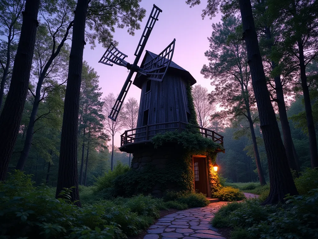 Forest Canopy Windmill at Twilight - A magical twilight scene of a rustic wooden windmill mounted high among towering maple trees, photographed from a low angle. The windmill's natural wood blades spin gracefully against the dusky purple sky, creating enchanting shadows on the forest canopy. Soft landscape lighting illuminates the surrounding branches, while climbing ivy partially embraces the windmill's base. Stone pathway winding below, dotted with native ferns and woodland flowers. Captured with atmospheric depth using a wide-angle 16mm lens, f/2.8, creating a dreamy bokeh effect through the leaves, ISO 400 perfect for the dim lighting conditions.