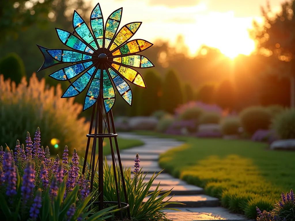 Magical Glass Art Garden Windmill at Sunset - A stunning artistic garden windmill crafted from stained glass panels in jewel tones of sapphire blue, emerald green, and amber, standing 6 feet tall against a golden sunset sky. The windmill's blades feature intricate mosaic patterns that catch the late afternoon light, creating prismatic reflections across a peaceful garden setting. Surrounding the base are flowing ornamental grasses and purple salvia, with a natural stone pathway leading to the feature. The windmill is positioned in a tranquil corner of a landscaped garden, with soft bokeh effects showing the scattered light patterns on nearby plants and garden surfaces. Photographed from a slight low angle to emphasize its magical presence, with some blades catching direct sunlight for maximum light-catching effect.