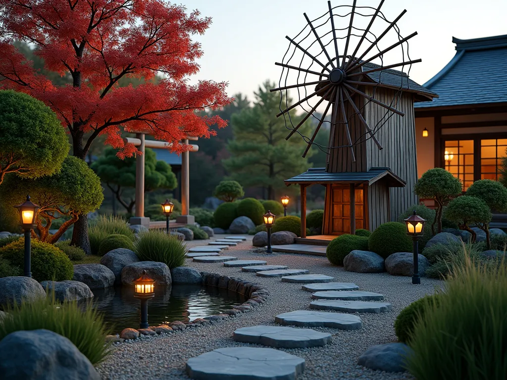 Serene Japanese Garden Windmill at Dusk - A tranquil Japanese garden scene at dusk featuring a traditional wooden bamboo windmill with delicate spokes and a weathered patina. The windmill stands 6 feet tall amidst carefully manicured Japanese maple trees and flowing ornamental grasses. Stone lanterns illuminate the scene with warm light, while a small koi pond reflects the windmill's gentle movement. Moss-covered stepping stones lead to the windmill, surrounded by carefully pruned bonsai and clumps of bamboo. The composition is photographed from a medium-wide angle, capturing the peaceful harmony between the architectural elements and natural landscape. Soft evening light casts long shadows across the raked gravel patterns beneath the windmill.