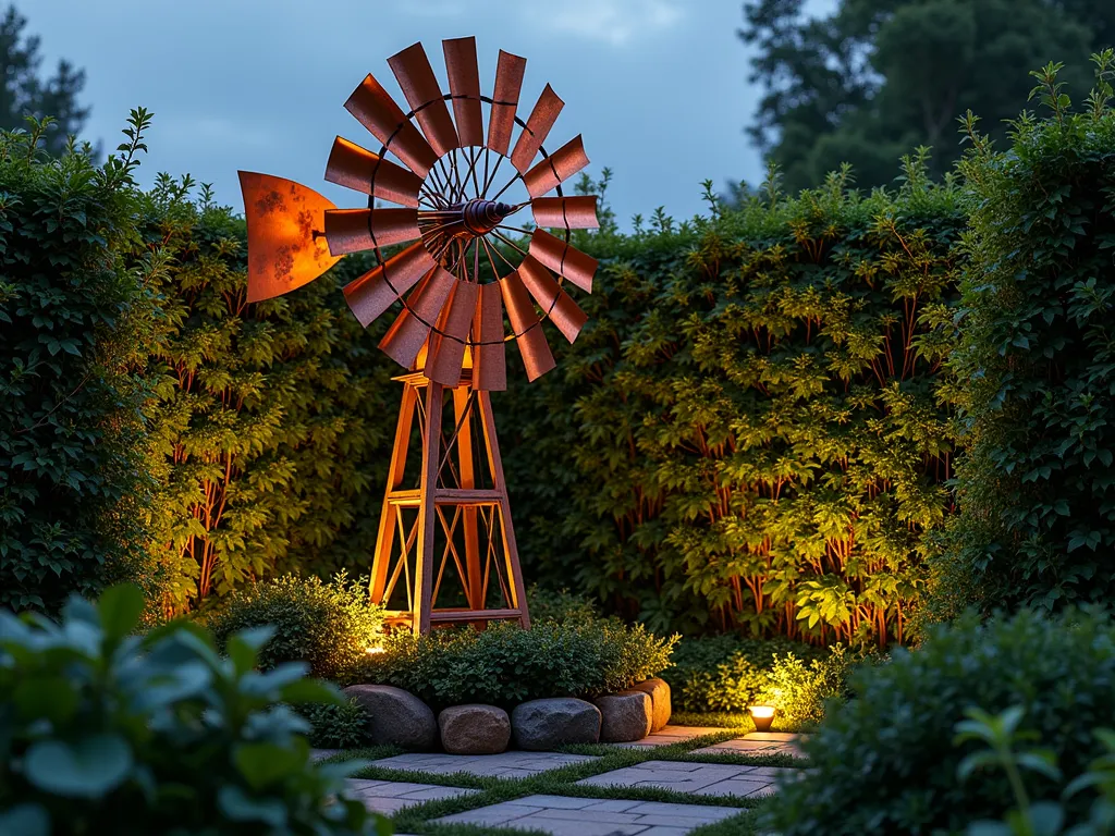 Living Wall Windmill Garden Feature - A stunning dusk photography of a 8-foot decorative garden windmill structure seamlessly integrated with a living wall, captured with a medium-wide angle shot. The copper and weathered wood windmill's blades gently turn against a backdrop of lush climbing plants including Virginia creeper, jasmine, and climbing roses. The foliage creates a natural tapestry effect, with some vines elegantly wrapping around the windmill's frame. Soft golden hour lighting casts warm shadows through the spinning blades onto the surrounding vertical garden. The structure is positioned in a cozy garden corner with a stone path leading to it, while subtle landscape lighting illuminates the base. Shot with a DSLR camera, f/8 aperture, capturing the intricate details of both the mechanical and natural elements in perfect harmony.