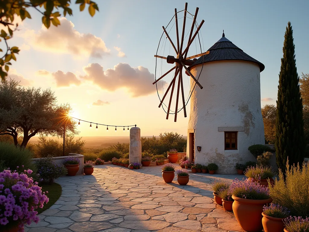 Mediterranean Garden Windmill at Sunset - A stunning wide-angle photograph of a traditional Mediterranean-style garden windmill at golden hour, featuring a 12-foot whitewashed stone base with weathered wooden blades and sail canvas. The windmill stands majestically against a warm sunset sky, surrounded by terracotta planters filled with lavender and olive trees. A rustic stone patio with Mediterranean tiles extends from the base, accented by trailing bougainvillea and cypress trees. Natural lighting creates long shadows and highlights the textured stonework, while string lights draped between nearby posts add a magical ambiance. Shot with a 16-35mm lens at f/2.8, ISO 400, capturing the depth and romantic atmosphere of a Mediterranean coastal garden.