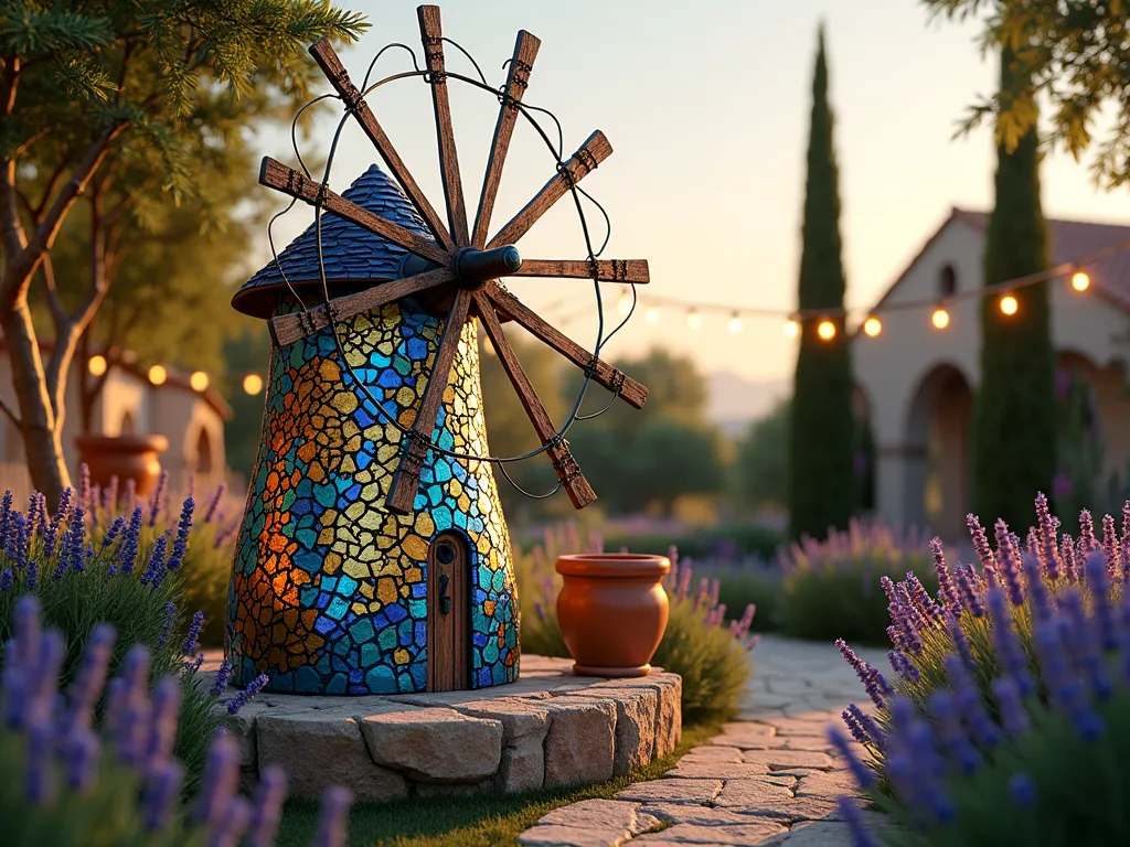 Mediterranean Garden Mosaic Windmill at Sunset - A close-up view of a stunning garden windmill covered in vibrant mosaic tiles, featuring iridescent blues, turquoise, gold, and amber pieces that catch the warm evening light. The windmill's sails are gently spinning, creating mesmerizing light patterns in a serene Mediterranean garden setting. Surrounded by blooming lavender and ornamental grasses, with a rustic stone pathway leading to it. The background shows glimpses of cypress trees and terracotta planters, while string lights twinkle overhead. Photorealistic, golden hour lighting, artistic composition, high detail on mosaic patterns.