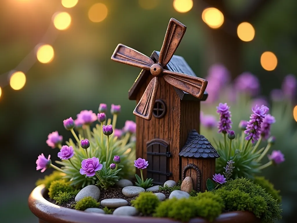 Enchanting Miniature Garden Windmill at Dusk - A close-up shot of a delicate 3-foot copper and wood miniature windmill gently spinning in a whimsical container garden setting at dusk. The windmill is surrounded by dwarf lavender, miniature roses, and creeping thyme, creating layers of purple and pink blooms. Soft fairy lights twinkle in the background, while moss-covered stones line the base. A small ceramic fairy house nestles nearby, creating a magical atmosphere. The golden hour lighting casts warm shadows across the scene, while the shallow depth of field creates a dreamy bokeh effect. Shot with a 35mm lens at f/2.8, capturing intimate details of the weathered copper vanes and intricate woodwork of the windmill.