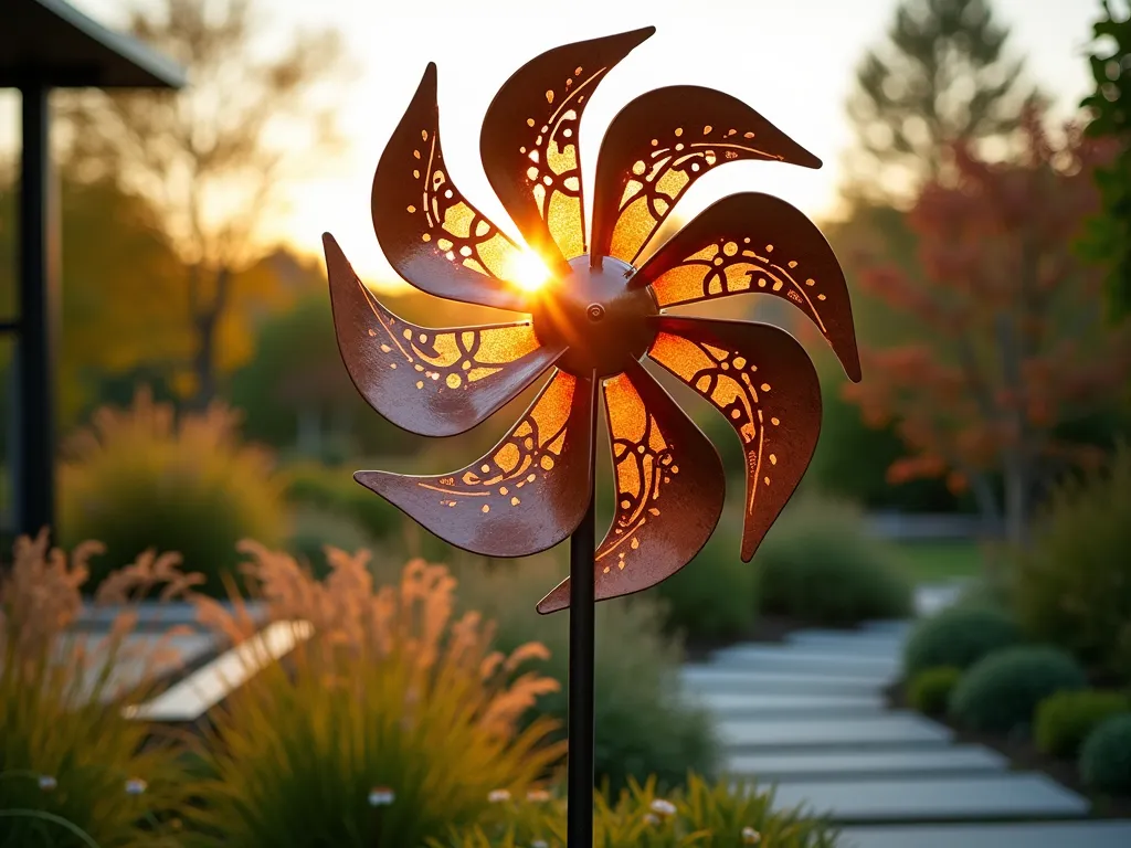 Modern Copper Kinetic Garden Windmill at Sunset - A stunning close-up photograph of a contemporary copper kinetic windmill sculpture in a modern garden setting, captured during golden hour. The sculptural windmill features intricate geometric blade patterns that catch the warm sunset light, highlighting the rich copper tones and developing green patina. The spinning blades create mesmerizing motion trails against a softly blurred background of ornamental grasses and Japanese maples. The windmill stands 7 feet tall on a sleek metal post, positioned near a modern stone pathway. Shot with shallow depth of field to emphasize the artistic details and metalwork, with the sun's rays creating a ethereal backlight through the spinning blades. Professional DSLR photograph with perfect exposure to capture the metal's warm glow and artistic movement.