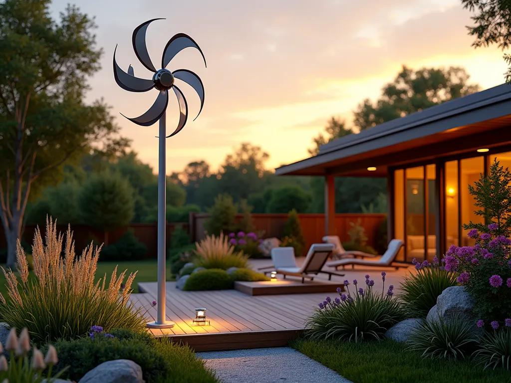 Modern Garden Wind Turbine at Sunset - A sleek, modern residential wind turbine with white blades and metallic finish stands 12 feet tall in a beautifully landscaped backyard garden, photographed during golden hour. The turbine's elegant design features smooth curves and is surrounded by flowing ornamental grasses and purple coneflowers. Solar-powered garden lights illuminate the base, while the blades gently spin against a warm sunset sky. A contemporary wooden deck with built-in seating provides a perfect viewing area, while native wildflowers and sustainable garden elements complete the eco-friendly scene. Ultra-realistic, professional photography, wide angle perspective capturing the entire peaceful setting.