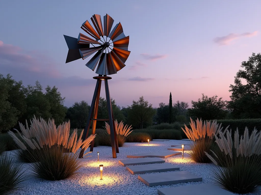 Modern Geometric Garden Windmill at Dusk - A stunning contemporary garden scene at dusk featuring a sleek, geometric metal windmill sculpture, 12 feet tall, with sharp angular blades in brushed stainless steel and copper accents. The windmill's clean lines and minimalist design cast dramatic shadows across a modern zen garden with crushed white gravel. Low-voltage landscape lighting illuminates the base, while architectural grasses like Mexican Feather Grass sway gently in the foreground. Shot from a low angle with a wide-angle lens, capturing the windmill's impressive scale against a gradient twilight sky with soft purple and orange hues. The composition includes geometric concrete pavers creating a modern pathway, leading to the sculptural windmill centerpiece. Professional DSLR photo with perfect exposure and dramatic depth of field.