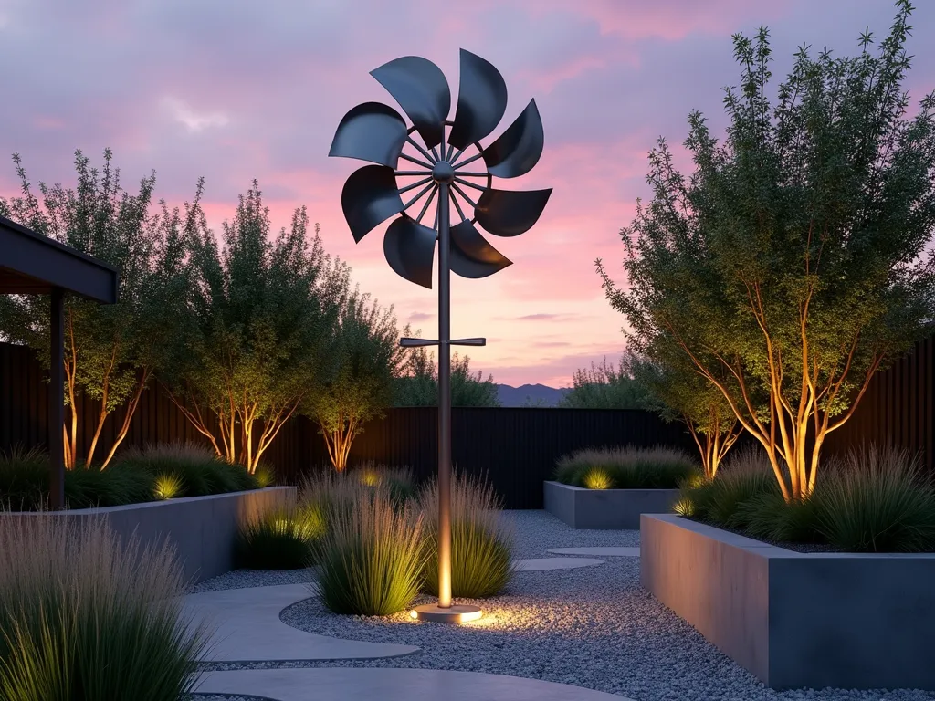 Modern Metal Art Garden Windmill at Dusk - A sleek, contemporary stainless steel windmill sculpture in a modern garden setting at dusk, photographed from a medium-wide angle. The windmill stands 8 feet tall with minimalist curved blades that catch the golden hour light, creating dynamic reflections. The sculptural piece is positioned among geometric concrete planters filled with ornamental grasses. Clean lines of the garden design feature a zen-like gravel path and strategic LED ground lighting that illuminates the base of the windmill. The spinning blades create mesmerizing patterns against the purple-orange sunset sky, while architectural bamboo provides a natural backdrop. The entire scene captures the perfect balance between industrial artistry and natural elements in an upscale urban garden setting.