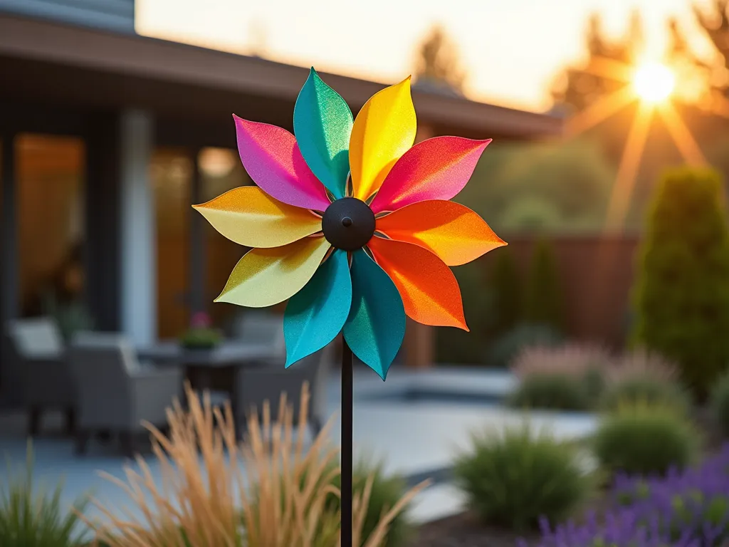 Modern Multi-Color Garden Windmill at Sunset - A striking modern garden scene featuring a 6-foot tall contemporary metal windmill with rainbow-colored blades in powder-coated steel, photographed during golden hour. The windmill stands prominently against a landscaped backdrop with ornamental grasses and lavender. The spinning blades create a mesmerizing display of colors - turquoise, magenta, yellow, and orange - catching the warm evening light. Shot from a low angle to emphasize height and movement, with selective focus on the windmill's geometric patterns. Natural bokeh effect in background highlights a modern patio space with clean lines. Professional DSLR capture at f/8, ISO 100, 1/125 sec, creating perfect depth and clarity. Cinematic atmosphere with subtle motion blur on spinning blades.