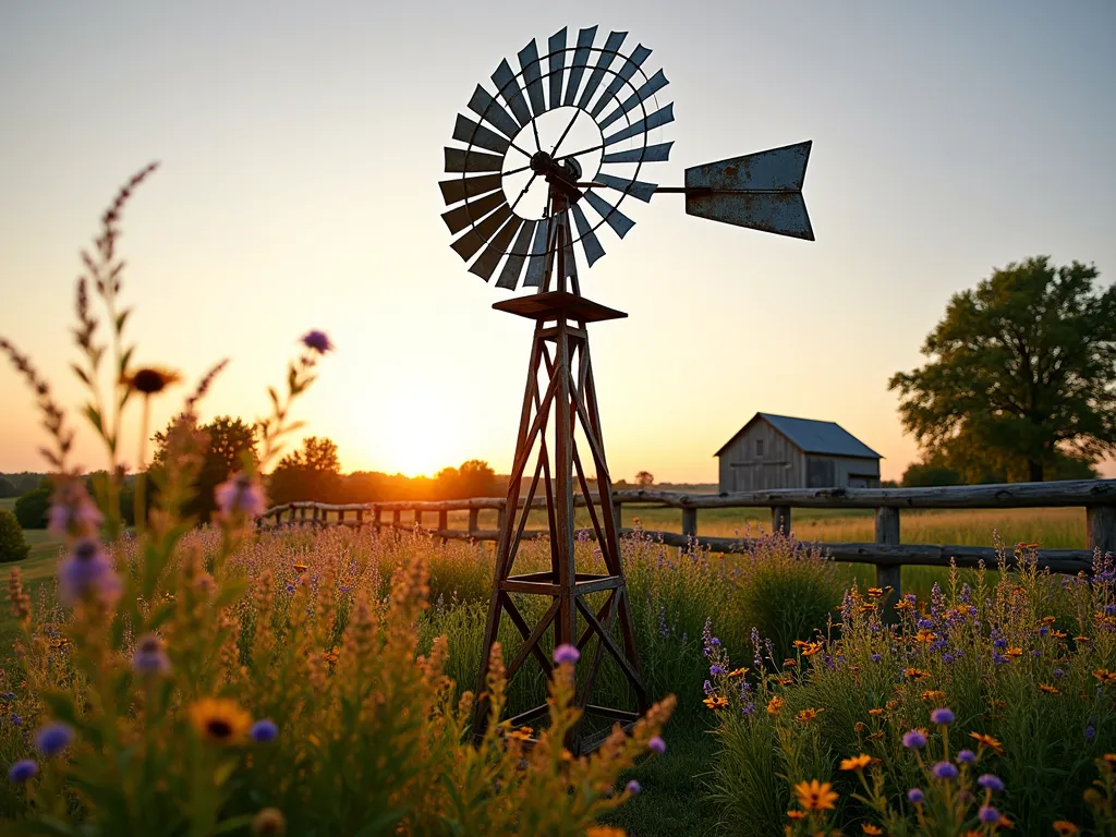 Prairie Style Garden Windmill at Golden Hour - A majestic 12-foot tall traditional prairie windmill with multiple silver metal blades catching the golden hour sunlight, standing proudly in a naturalistic garden setting. The windmill is surrounded by flowing ornamental grasses like switchgrass and little bluestem, with patches of black-eyed susans and purple coneflowers adding pops of color. Shot from a low angle with a wide-angle lens to emphasize height and grandeur, with the sun setting behind creating a warm glow and dramatic silhouette. The weathered metal structure shows authentic patina, while the gentle spinning of the blades creates motion in the serene country garden scene. Native wildflowers sway in the foreground, with a rustic wooden fence visible in the background.