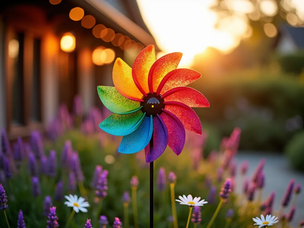 Rainbow Garden Windmill at Sunset - A close-up shot of a vibrant rainbow spinner windmill in a cottage garden setting, captured during golden hour. The windmill features 8 colorful blades in gradient rainbow colors from red to violet, spinning gracefully against a warm sunset sky. The windmill stands 6 feet tall, surrounded by blooming lavender and white daisies. Soft bokeh effect in the background shows glimpses of a cozy garden patio with string lights. The metal structure catches the evening light, creating a magical sparkle effect as the blades spin in the gentle breeze. Shot with shallow depth of field, highlighting the mesmerizing motion blur of the spinning colors. 16mm focal length, f/2.8, ISO 400, capturing the dreamy atmosphere of dusk.