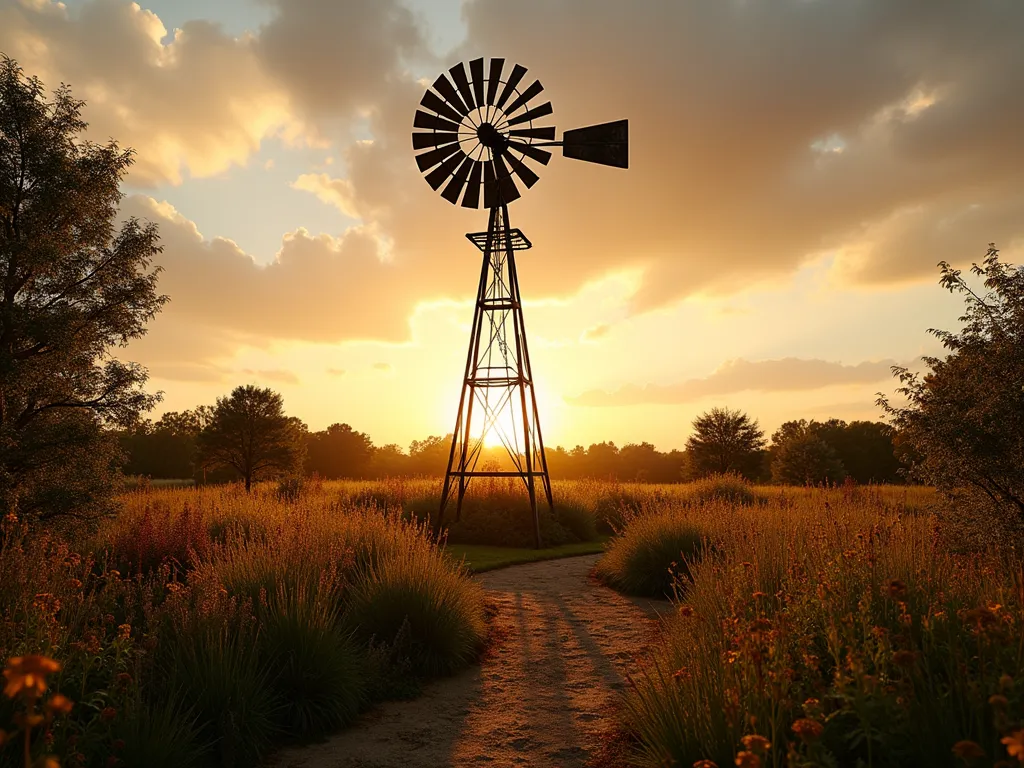 Rustic Agricultural Windmill at Sunset - A dramatic wide-angle shot of a towering 20-foot steel agricultural windmill silhouetted against a golden sunset sky. The windmill stands majestically in a sprawling backyard garden, its metal blades catching the warm evening light. Surrounding the base are flowing ornamental grasses and wildflowers in muted colors. The vintage-inspired windmill features weathered galvanized steel construction with a multi-blade fan design characteristic of traditional farm windmills. Shot with atmospheric lighting that highlights the industrial details and creates long shadows across the landscape. The composition emphasizes the impressive scale and rustic character while maintaining a balanced, artistic perspective. A dirt path winds through the garden leading to the windmill, enhancing the authentic farmhouse aesthetic. Digital photography, 16-35mm lens, f/2.8, ISO 400, golden hour lighting.