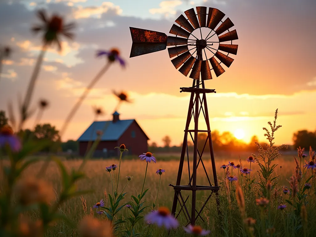 Rustic Farm Windmill at Sunset - A majestic weathered metal farm windmill stands tall against a warm sunset sky in a countryside garden setting, photographed with a wide-angle lens. The 12-foot windmill features an aged copper patina and traditional star-pattern blades that catch the golden hour light. Surrounded by swaying ornamental grasses and wildflowers, including purple coneflowers and black-eyed susans. The windmill's vintage design includes authentic rust patterns and a classic tail vane, while native prairie grasses create a naturalistic foreground. The composition captures the nostalgic rural atmosphere with dramatic shadows and backlit elements, shot at f/8 for optimal depth of field, showcasing both the architectural details and the surrounding garden landscape. Soft bokeh effects in the background suggest additional garden elements while maintaining focus on the commanding windmill structure.