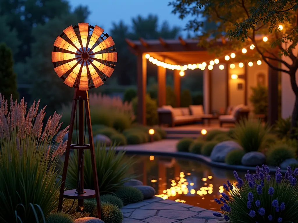 Enchanting Solar LED Garden Windmill at Twilight - A magical twilight garden scene featuring a 6-foot ornamental windmill with softly glowing LED-illuminated blades spinning gracefully, creating mesmerizing light patterns. The modern-style windmill has copper and brushed steel finishes with solar panels discreetly integrated into its crown. The windmill stands as a centerpiece in a tranquil garden setting, surrounded by ornamental grasses and lavender, their silhouettes swaying in the evening breeze. Warm pathway lights illuminate the base while string lights draped in nearby trees create a dreamy atmosphere. The wide-angle composition captures the windmill's ethereal glow reflecting off a small decorative pond nearby, with a cozy patio seating area visible in the background.