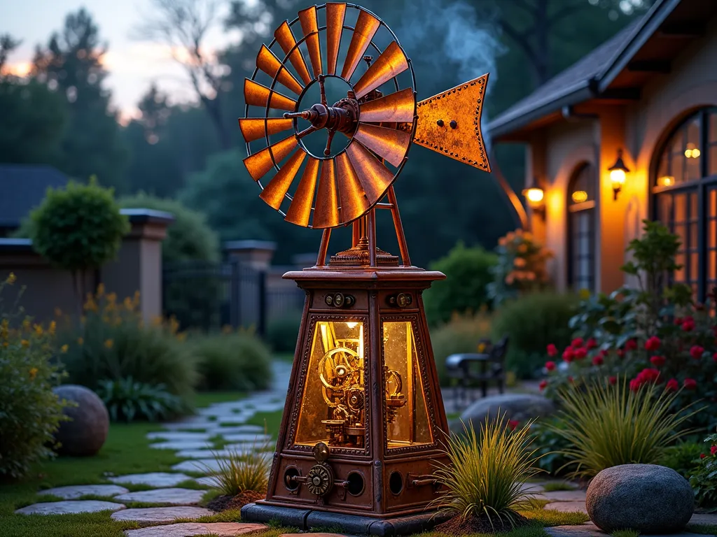 Steampunk Garden Windmill at Dusk - A stunning steampunk-inspired garden windmill standing 8 feet tall at dusk, photographed from a medium-low angle. The windmill features intricate brass and copper gears visible through clear panels, weathered copper pipes spiraling around the central column, and vintage industrial machinery parts artfully incorporated into the design. The vanes are made from repurposed metal with brass accents catching the warm evening light. The base is surrounded by ornamental grasses and low-voltage copper lighting that illuminates the mechanical elements. Dark patina and hints of verdigris add character to the metal surfaces. Set in a Victorian-style garden corner with cobblestone pathways and wrought iron elements in the background. Atmospheric steam wisps emerge from decorative copper pipes, creating a magical ambiance in the fading daylight.