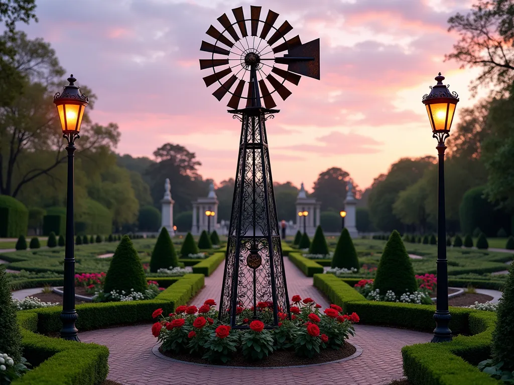 Victorian Ornamental Garden Windmill at Dusk - A majestic Victorian-style ornamental windmill stands 8 feet tall in a meticulously landscaped garden, photographed during golden hour. The windmill features intricate black wrought iron scrollwork, copper-toned metallic accents, and delicate filigree patterns. Its elegant blades spin gently above perfectly manicured topiary bushes and a circular garden bed filled with blooming red roses and white hydrangeas. A cobblestone pathway leads to the windmill, bordered by perfectly trimmed boxwood hedges. Ornate Victorian-era lampposts flank the windmill, casting a warm glow across the scene. In the background, a formal English garden stretches out with geometric patterns and classical statuary. The composition is captured in a wide-angle perspective, showing the windmill as a stunning focal point against a dusky pink and purple sky.