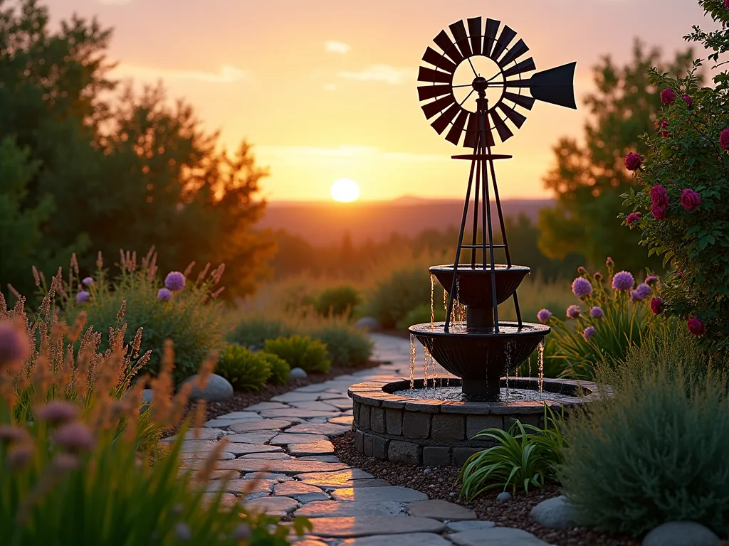 Vintage Water-Pumping Garden Windmill at Sunset - A golden sunset illuminates a rustic 8-foot metal water-pumping windmill in a lush garden setting, photographed at f/2.8 with a 16-35mm wide-angle lens. The windmill's blades catch the warm light as they spin gently, powering a charming stone-bordered fountain below. Clear water cascades down multiple levels, creating a peaceful atmosphere. Surrounding the windmill are drought-resistant ornamental grasses and purple coneflowers swaying in the breeze. A natural stone pathway winds through the scene, while climbing roses embrace the windmill's base. Solar-powered ground lights prepare to illuminate the feature as dusk approaches, creating a magical countryside ambiance in this sustainable garden design.