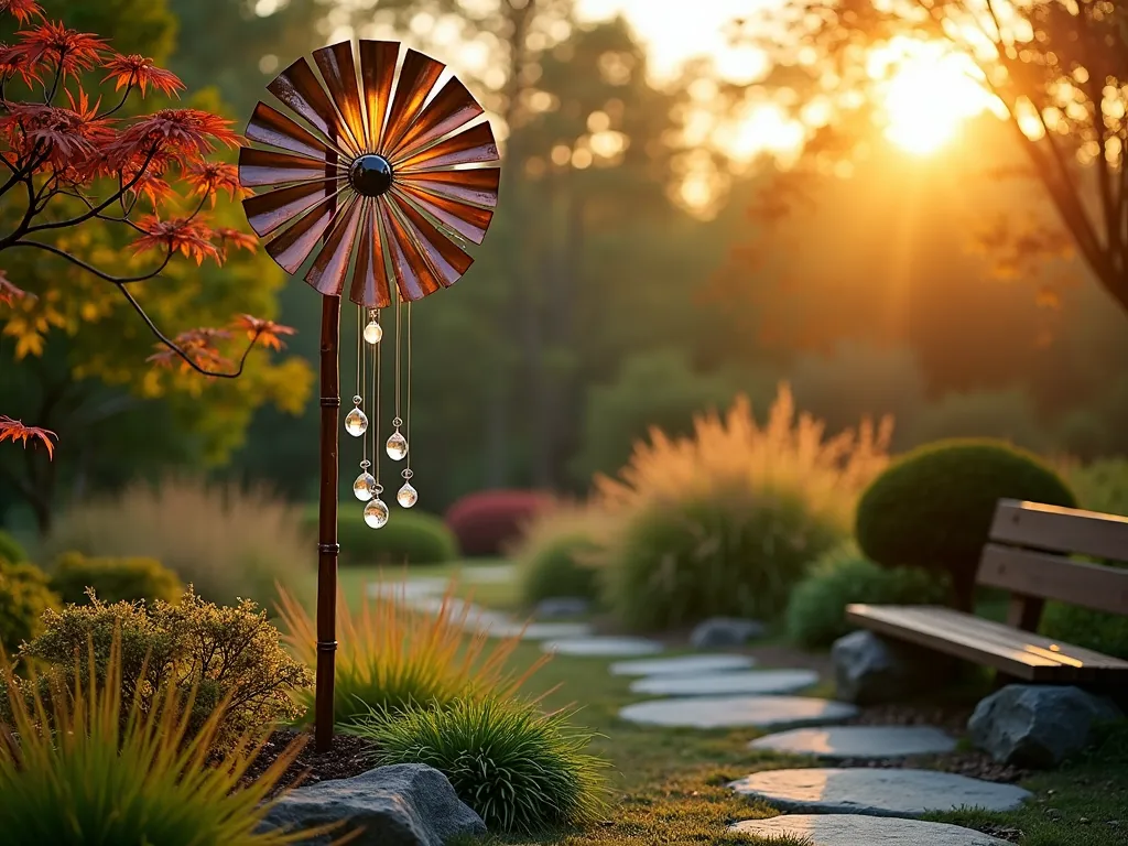 Zen Garden Wind Chime Windmill at Dusk - A serene garden scene at dusk, featuring an artistic copper and bamboo windmill with suspended crystal wind chimes catching the golden hour light. The 6-foot-tall structure stands gracefully in a peaceful meditation garden corner, surrounded by ornamental grasses and Japanese maples. The windmill's delicate copper blades spin gently in the evening breeze, while crystal and brass wind chimes create a harmonious melody. Shot with a medium-wide angle to capture both the structure and its immediate surroundings, with soft bokeh effects highlighting the sun's rays filtering through the maple leaves. Natural stone pathways and a small wooden meditation bench complete the tranquil setting. Professional DSLR photo with perfect exposure to capture the metallic gleam and crystal reflections.