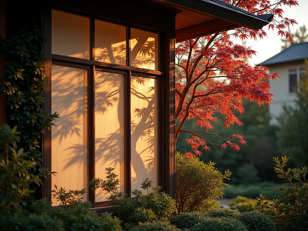 Natural Branch Window Screen at Dusk - A professional DSLR photograph at dusk of an elegant garden window featuring an artistic screen made from naturally weathered branches and twigs, mounted beside a large window. The branches are artfully arranged in a geometric pattern, creating intricate shadows on the window pane and nearby wall from the warm evening light. Japanese maple leaves are visible through the branch screen, adding splashes of burgundy color. The natural wood tones of the branches complement the window frame, while soft garden lights illuminate the surrounding landscaping. Shot at f/8 with a wide-angle lens to capture both the detailed texture of the branches and the broader garden context, with golden hour lighting casting long, dramatic shadows through the artistic arrangement.