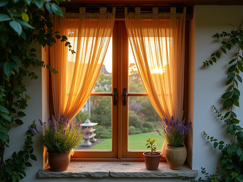 Elegant Bamboo Window Curtains at Sunset - A serene garden scene at golden hour, featuring a large cottage-style window adorned with flowing natural bamboo curtains partially drawn. The curtains cast intricate shadows on a weathered stone windowsill decorated with potted lavender. The window is framed by climbing jasmine, with a peaceful zen garden visible beyond. Shot from a 45-degree angle to capture both the window's architectural details and the natural movement of the curtains in a gentle breeze. The warm sunset light filters through the bamboo slats, creating a mesmerizing pattern on the window pane and surrounding garden features. Professional DSLR photo with careful attention to natural lighting and texture details, f/8, ISO 100, 1/125 sec.