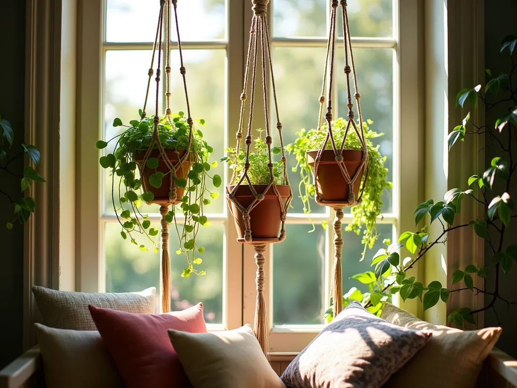 Bohemian Window Garden with Macramé Plant Hangers - Close-up view of a sunlit garden window with three handcrafted macramé plant hangers in natural cotton cord, suspended at different heights. The hangers feature intricate geometric patterns and beaded details. Lush pothos, string of pearls, and purple wandering jew cascade from weathered terracotta pots, creating an organic waterfall effect. Golden afternoon sunlight filters through the foliage, casting delicate shadows on the white-painted window frame. A vintage wooden window seat beneath features scattered bohemian cushions in earthy tones, while climbing jasmine frames the window's exterior. Captured with soft depth of field highlighting the textural details of the macramé work.