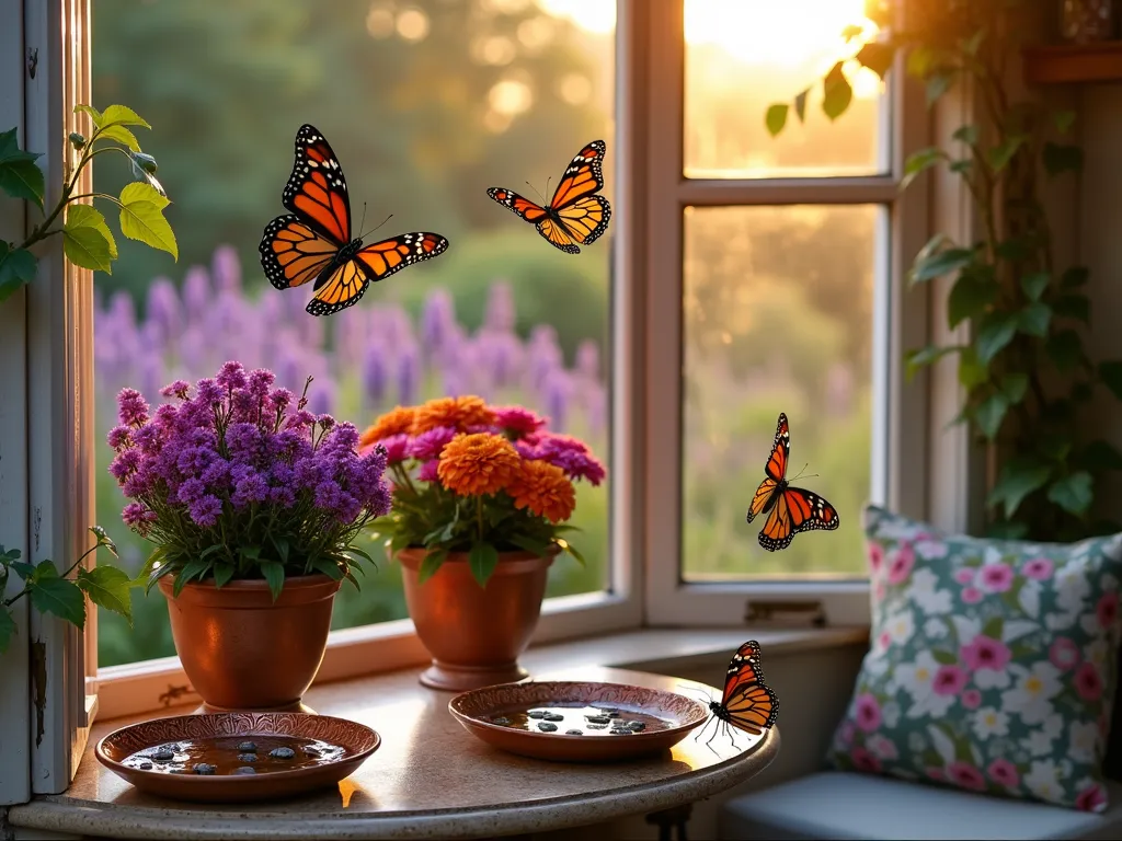 Sunlit Butterfly Feeding Station at Garden Window - A close-up view of an elegant window-mounted butterfly feeding station during golden hour, featuring a Victorian-style copper and glass feeder attached to a large bay window. The feeder contains vibrant purple butterfly bush flowers, pink zinnias, and orange lantana blooms arranged in small decorative vessels. Two shallow, ornate copper dishes hold fresh water with small stones. Several monarch and swallowtail butterflies hover and perch around the feeding station, their wings catching the warm evening light. The window frame is adorned with climbing jasmine vines, and through the glass, a cozy window seat with floral cushions is visible. The background shows a lush cottage garden with lavender and butterfly bushes.