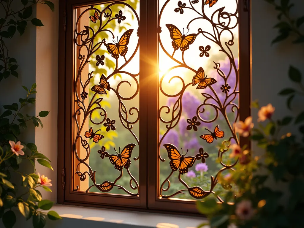 Ornate Butterfly Window Screen at Sunset - A close-up view of an elegant bronze-finished metal window screen featuring an intricate butterfly and flowering vine pattern, captured during golden hour. Warm sunlight streams through the decorative screen, casting enchanting butterfly-shaped shadows on a white interior wall. The window frame is surrounded by climbing jasmine and the background reveals a lush garden with purple wisteria. The artistic metalwork shows delicate details of butterfly wings and curling tendrils, creating a magical interplay of light and shadow. Photorealistic, high detail, architectural photography style.