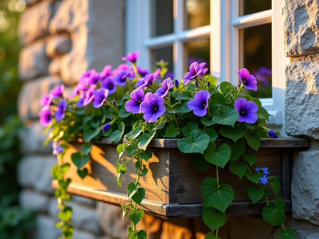 Cascading Window Box Garden at Dawn - A stunning close-up photograph of an elegant window box garden at dawn, mounted on a rustic cottage window with white trim. Cascading waves of vibrant purple petunias, variegated ivy, and delicate blue lobelia spill dramatically over the weathered wooden box, creating a mesmerizing waterfall effect. Golden morning light filters through the trailing flowers, casting gentle shadows on the stone wall below. Shot with shallow depth of field highlighting the intricate details of the blooms while softly blurring the window panes behind. Dew drops glisten on the foliage, adding sparkle to the romantic garden scene. High-end architectural photography, 16-35mm lens, f/2.8, ISO 400.