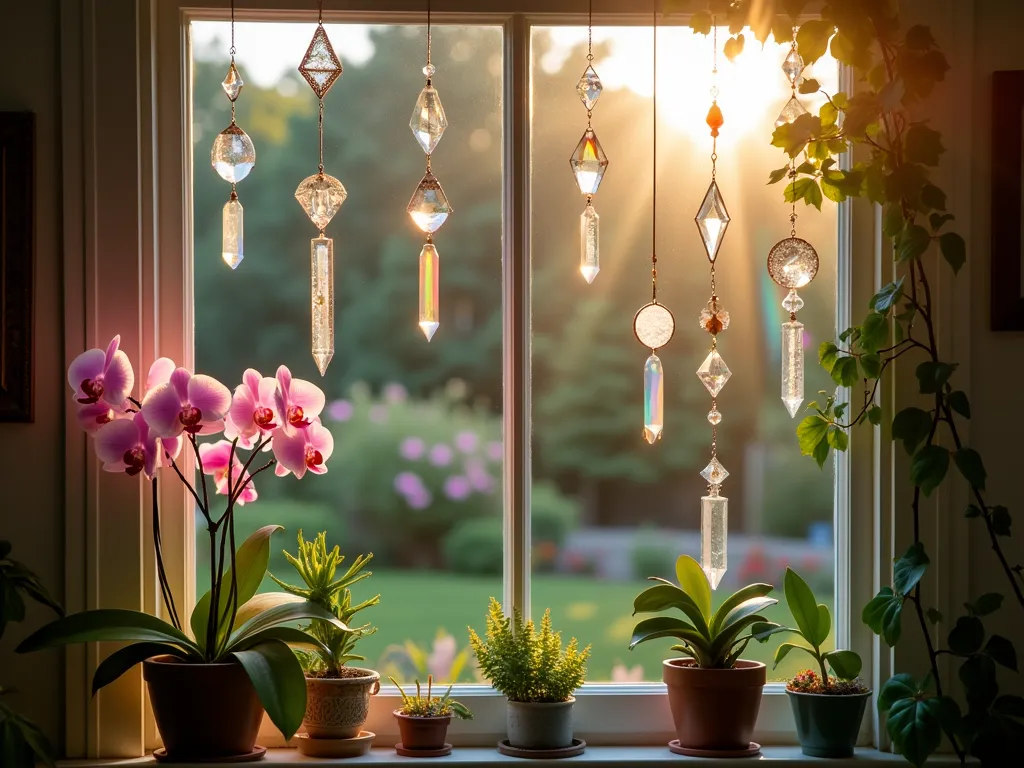 Magical Crystal Garden Window - A serene garden window scene at golden hour, shot with a DSLR camera. Multiple elegant crystal prisms and ornate sun catchers hang at varying heights from delicate copper wires, casting spectacular rainbow patterns across white-painted window frames. Soft evening sunlight streams through the crystals, creating a mesmerizing display of scattered light and color on nearby potted orchids and trailing ivy. The window frames a peaceful backyard garden view with flowering perennials and mature trees in soft focus. The composition captures both the intricate details of the crystals and the magical interplay of light, with rainbow refractions dancing across the windowsill and surrounding walls. f/8, ISO 100, 1/125s, natural lighting, bokeh effect.