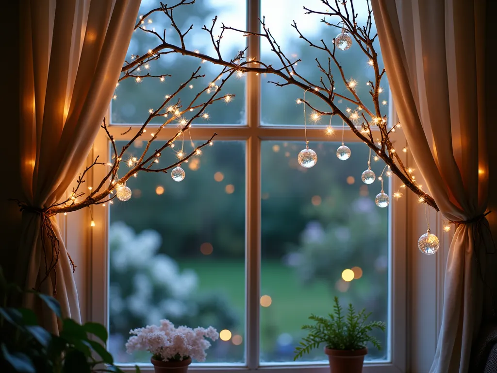 Enchanted Window Branch Frame at Twilight - A cozy garden window photographed at twilight, framed by elegantly curved natural branches painted in metallic silver and white. Delicate fairy lights intertwined through the branches create a magical glow, while small crystal prisms and vintage glass ornaments hang from select twigs, catching and reflecting the warm light. The window looks out onto a lush garden with flowering jasmine and wisteria visible in the background. The scene is captured using a 16-35mm lens at f/2.8, ISO 400, creating a dreamy bokeh effect with the garden lights and emphasizing the ethereal atmosphere of the window decoration. Shot from a slight angle to showcase both the intricate branch arrangement and the garden view beyond, with the fairy lights creating starlike points of light throughout the composition.