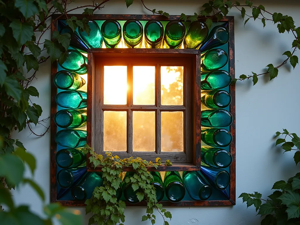 Enchanting Bottle Wall Garden Window - A stunning close-up photography of a garden window surrounded by an artistic arrangement of colored glass bottles in jewel tones of cobalt blue, emerald green, and amber, professionally mounted in a weathered copper frame. The late afternoon sunlight streams through the bottles, creating a mesmerizing kaleidoscope of colored light patterns on the surrounding white wall. The window frame features trailing ivy and delicate climbing jasmine, adding organic elements to the industrial-artistic design. Shot with a DSLR camera at golden hour, capturing the magical interplay of light and color, with the garden visible through the clear center window pane. Professional architectural lighting highlights the bottle wall feature at dusk.