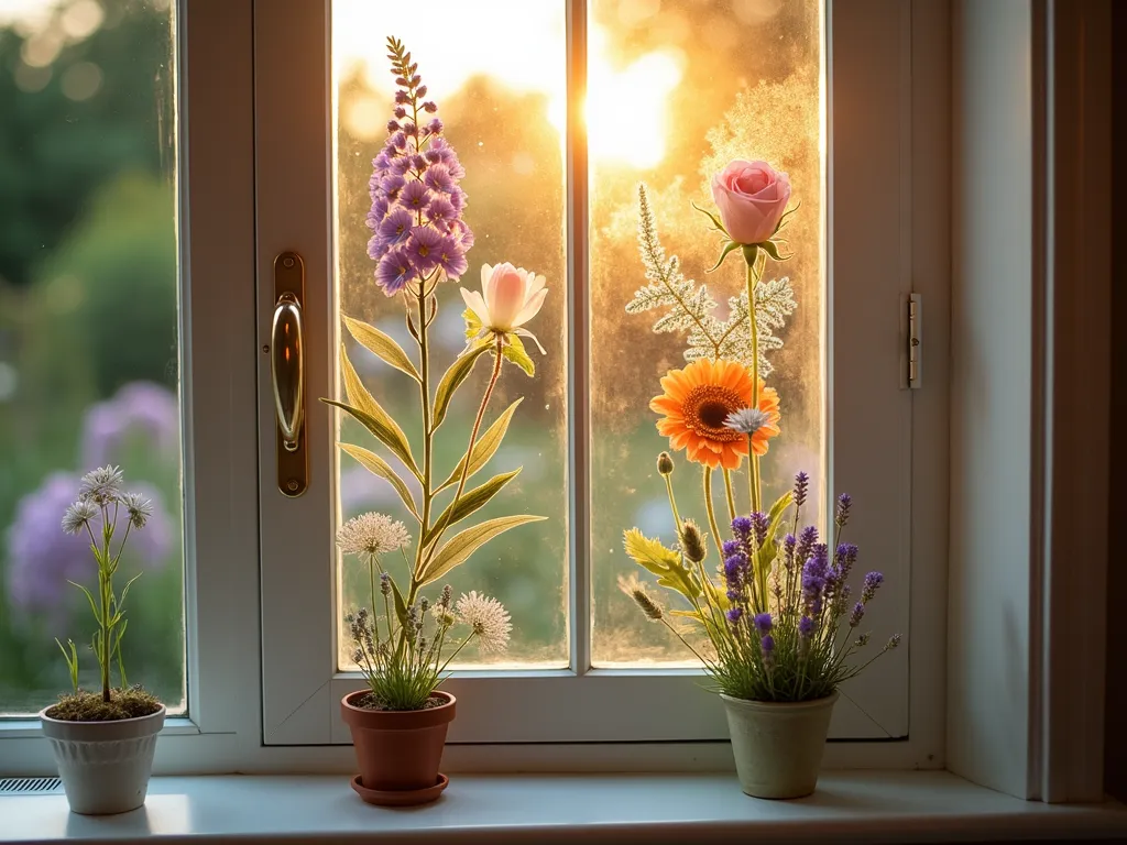 Ethereal Pressed Flower Window Display at Sunset - Close-up photographic shot of an elegant window display featuring delicate pressed wildflowers and ferns suspended between crystal-clear glass panels, backlit by warm golden sunset light. The transparent panels showcase perfectly preserved botanical specimens, including purple delphiniums, orange cosmos, pink roses, and white Queen Anne's lace arranged in an artistic pattern. Soft natural light filters through the pressed flowers, casting ethereal colored shadows onto a white window sill decorated with potted lavender. Through the window, a lush garden with climbing roses and wisteria is visible in dreamy bokeh effect, creating a seamless blend between indoor and outdoor spaces. The scene captures both the intricate details of the pressed specimens and the magical quality of light interaction, photographed in a sophisticated cottage core style.