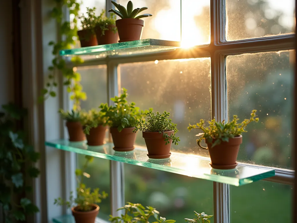 Ethereal Glass Window Garden Display - A close-up, ethereal shot of transparent glass shelves mounted outside a vintage-style window, bathed in soft morning light. Multiple levels of floating glass shelves showcase a curated collection of small potted succulents, trailing ivy, and delicate ferns, creating a magical floating garden effect. Crystal-clear glass shelves appear to hover weightlessly against white-painted window frames, while dewdrops on the glass catch the golden sunrise. The background reveals a blurred cottage garden, adding depth and context. Shot with shallow depth of field, emphasizing the dreamy, floating quality of the display, with some plants in sharp focus while others softly blur into the background. Architectural details of the window frame provide elegant framing, while the glass shelves reflect and refract morning light, creating subtle rainbow prisms.