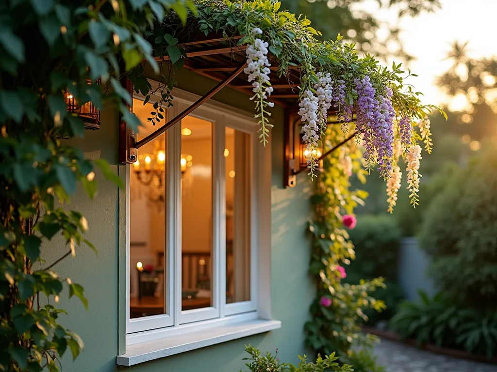 Enchanting Living Window Awning with Trailing Plants - A captivating dusk photograph of an elegant window with a custom-made weathered copper frame awning, draped with cascading wisteria and jasmine vines creating a natural living canopy. The window frame is painted in crisp white, complementing a sage green exterior wall. Golden hour sunlight filters through the foliage, casting intricate shadows on the wall while string lights intertwined with the vines add a magical glow. Shot from a slight upward angle to showcase the dimensional layers of the living awning, with depth of field emphasizing the delicate tendrils and blooms. Soft bokeh effect in background featuring a lush garden setting. 16-35mm lens, f/2.8, ISO 400, creating a dreamy, romantic atmosphere.