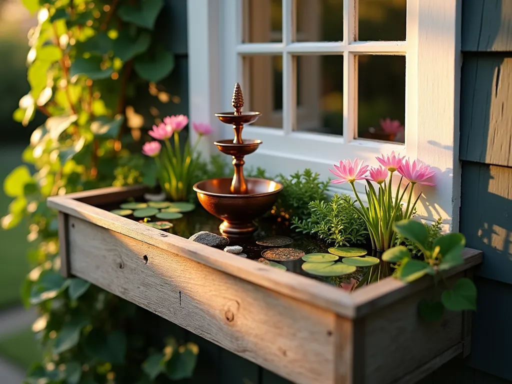 Enchanting Window Box Water Garden - Close-up view of an elegant wooden window box featuring a serene miniature water garden during golden hour. A small copper tiered fountain serves as the centerpiece, creating delicate water ripples. Surrounding the fountain are dwarf water lilies with pink blooms, floating water lettuce, and miniature rush plants. Crystal-clear water reflects the warm evening light, while decorative river stones line the bottom. The window box is mounted beneath a charming cottage-style window with white trim, partially covered by climbing jasmine. Soft natural lighting casts gentle shadows, highlighting the water's movement and creating a dreamy atmosphere.